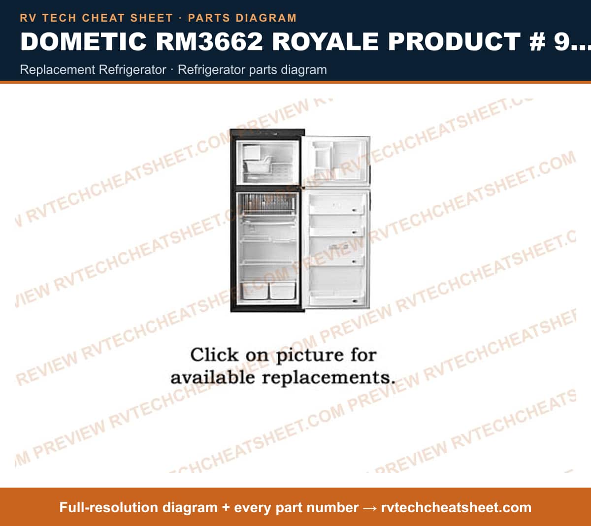 Dometic RM3662 Royale Product # 921144045 Black replacement refrigerator — parts list sheet