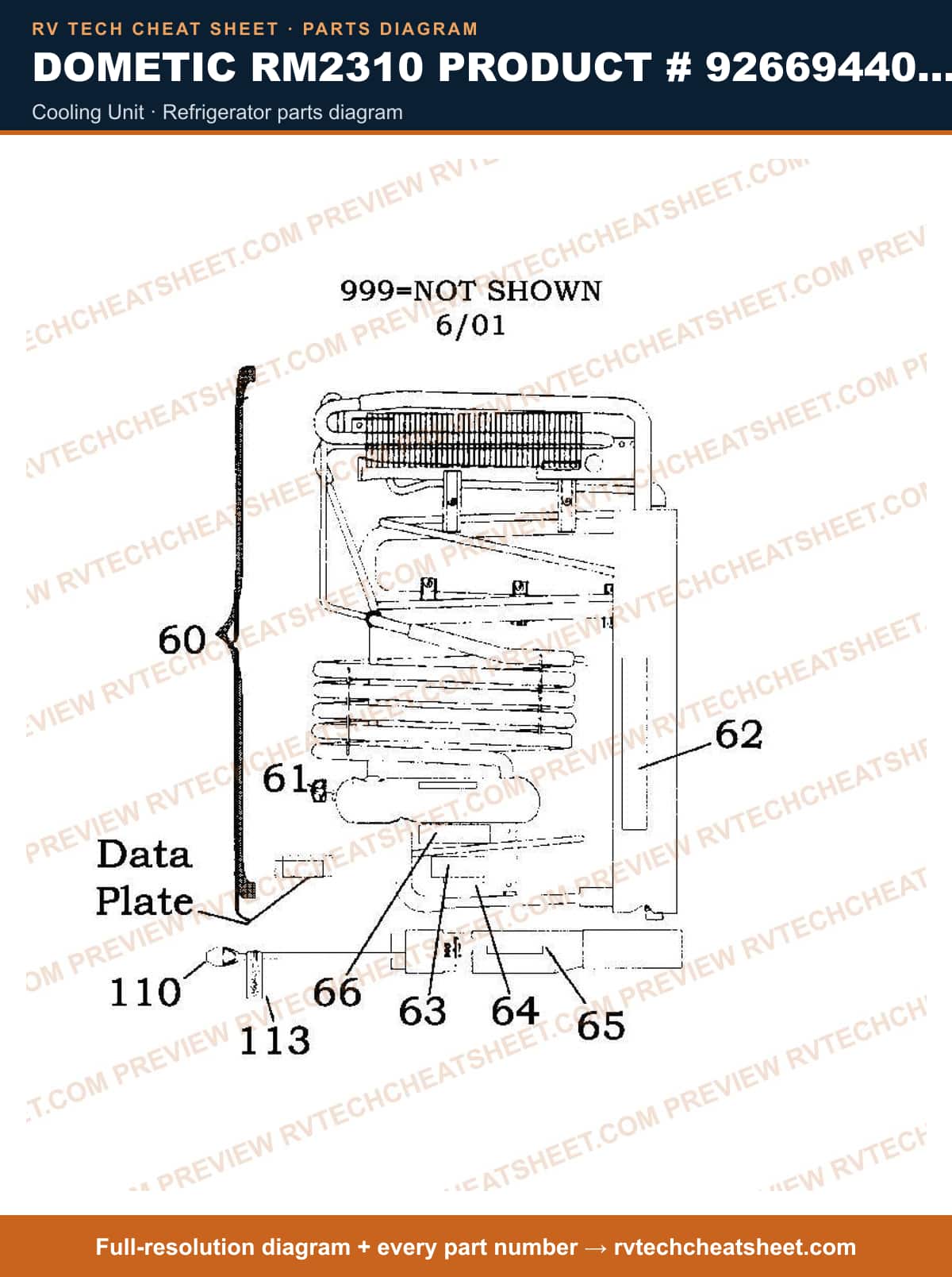 Dometic RM2310 Product # 926694401 2-WAY cooling unit — parts list sheet