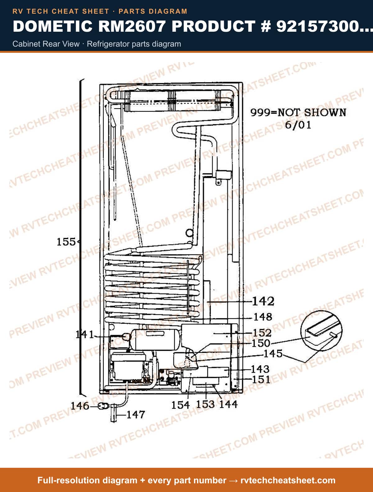 Dometic RM2607 Product # 921573001 2-WAY cabinet rear view — parts list sheet