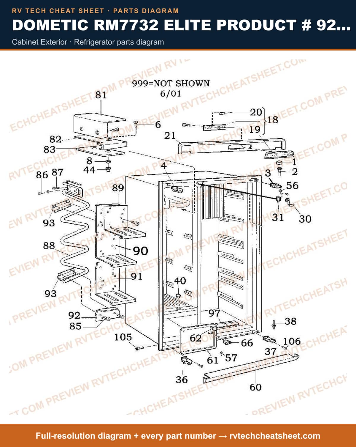 Dometic RM7732 Elite Product # 921148003 cabinet exterior — parts list sheet