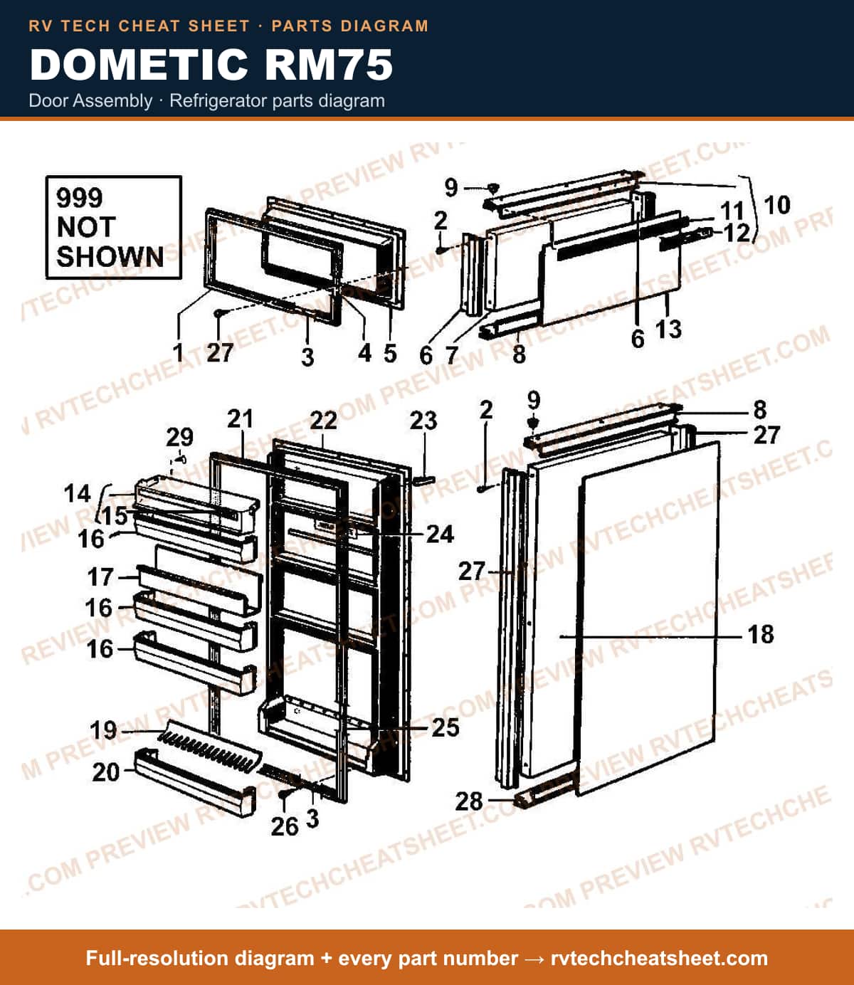 Dometic RM75 door assembly — parts list sheet