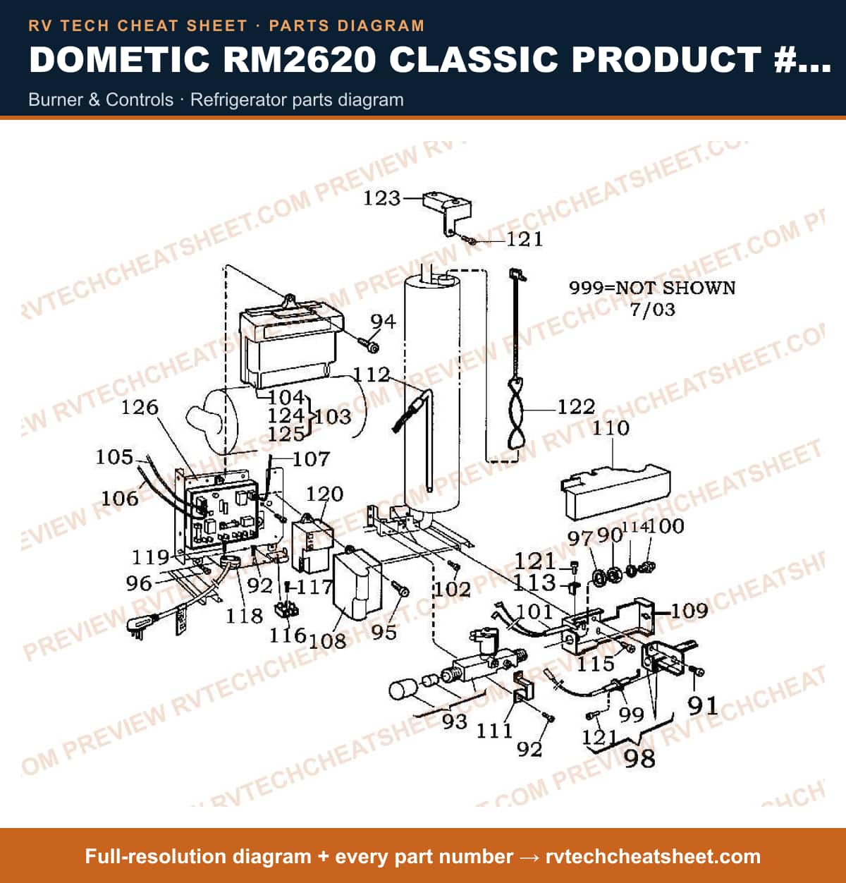 Dometic RM2620 Classic Product # 921575008 Beige burner & controls — parts list sheet