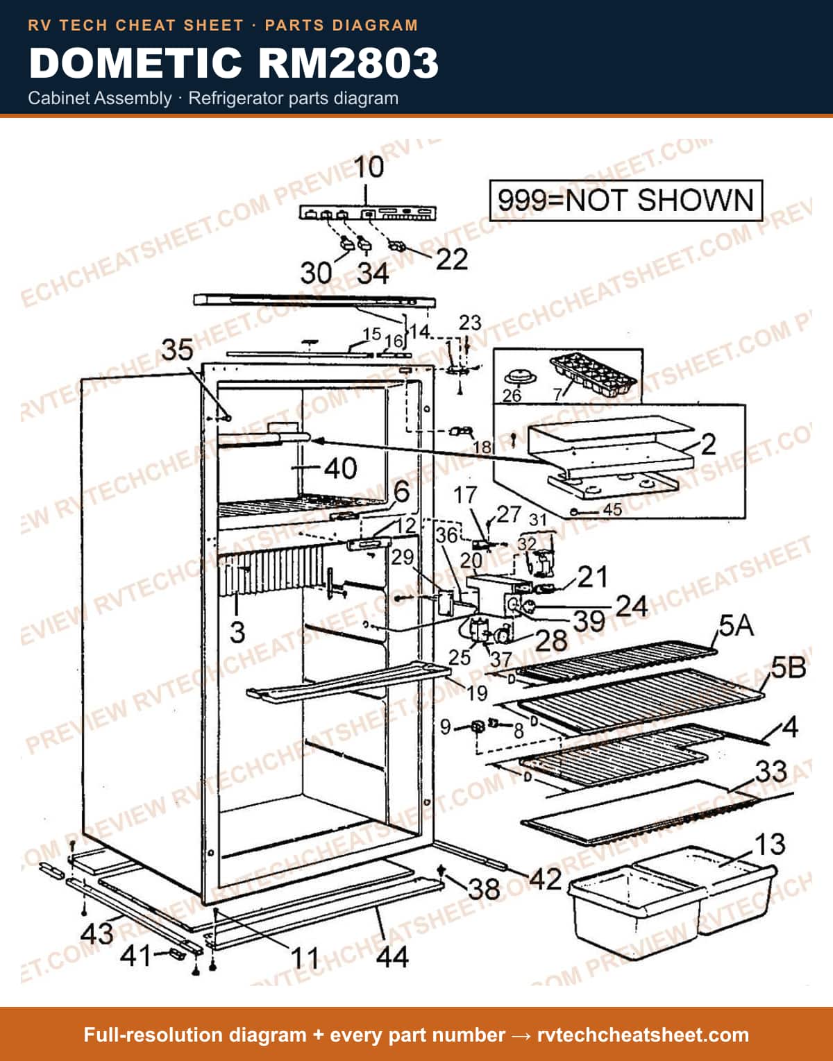 Dometic RM2803 cabinet assembly — parts list sheet