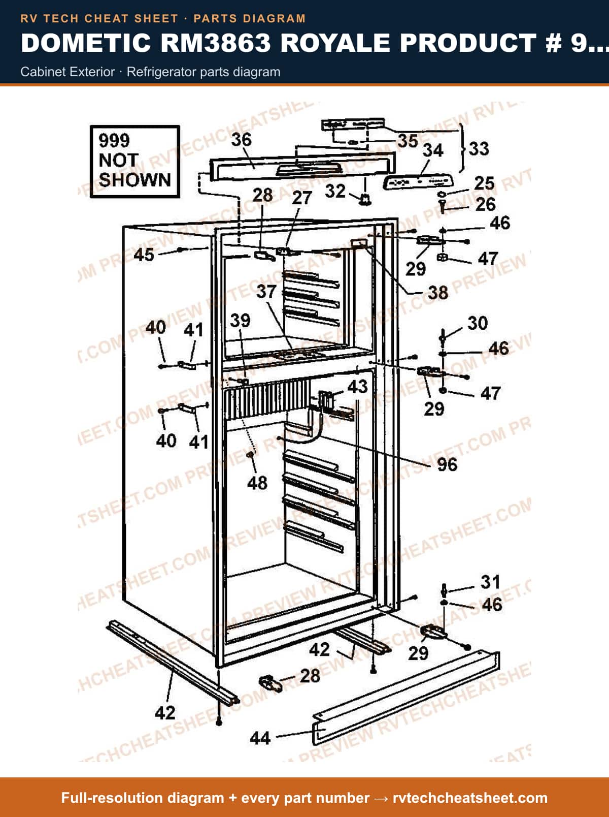 Dometic RM3863 Royale Product # 921146011 Beige cabinet exterior — parts list sheet