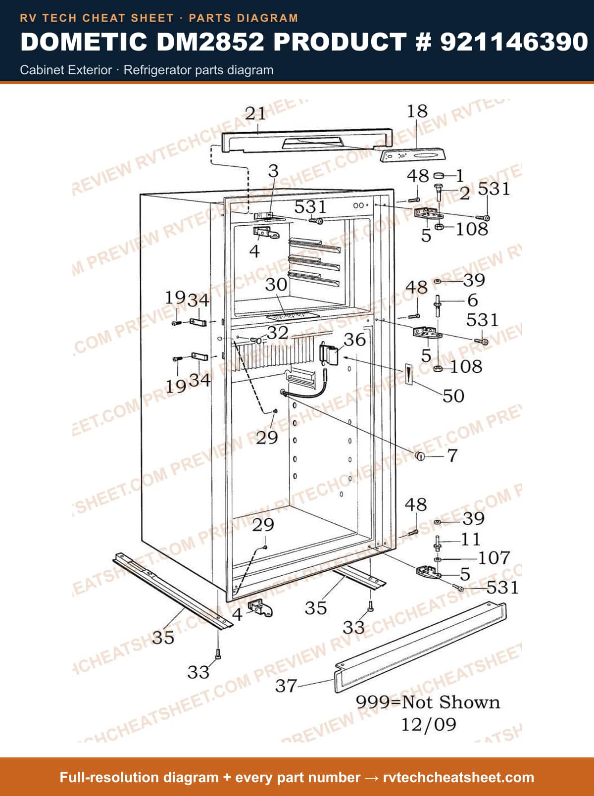 Dometic DM2852 Product # 921146390 cabinet exterior — parts list sheet
