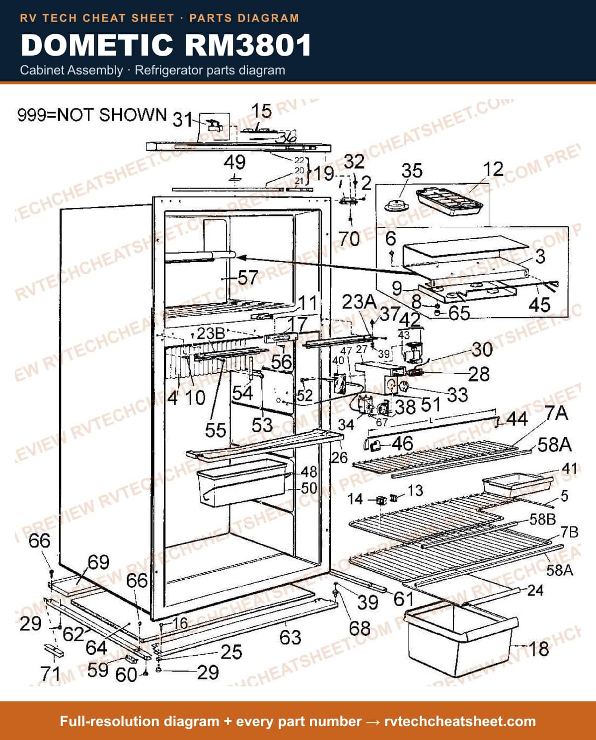 Dometic RM3801 cabinet assembly — parts list sheet