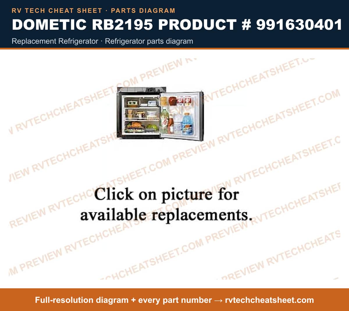 Dometic RB2195 Product # 991630401 replacement refrigerator — exploded parts diagram