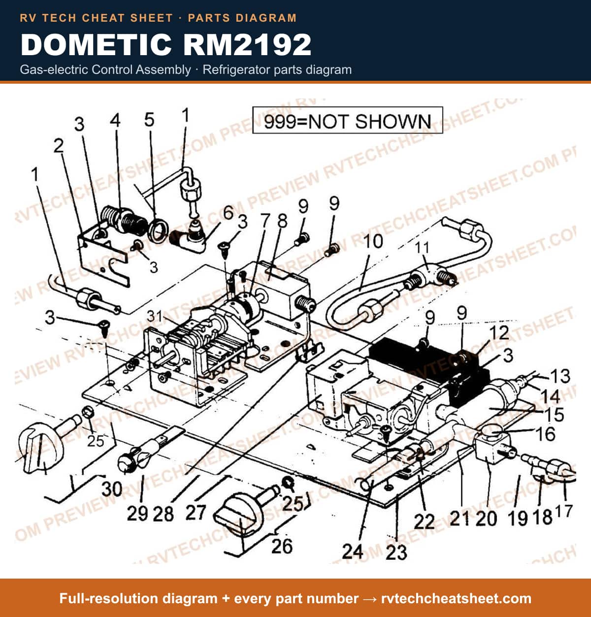 Dometic RM2192 gas-electric control assembly — parts list sheet