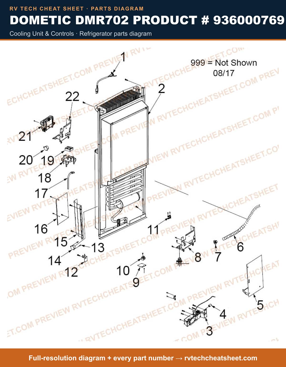 Dometic DMR702 Product # 936000769 cooling unit & controls — parts list sheet