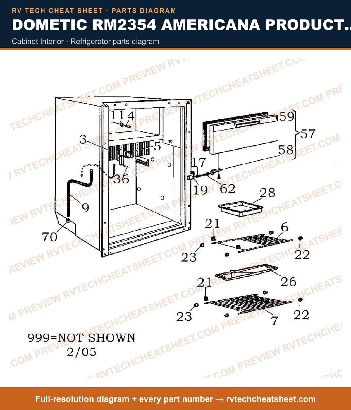 Dometic RM2354 Americana Product # 921145025 Taupe cabinet interior — parts list sheet