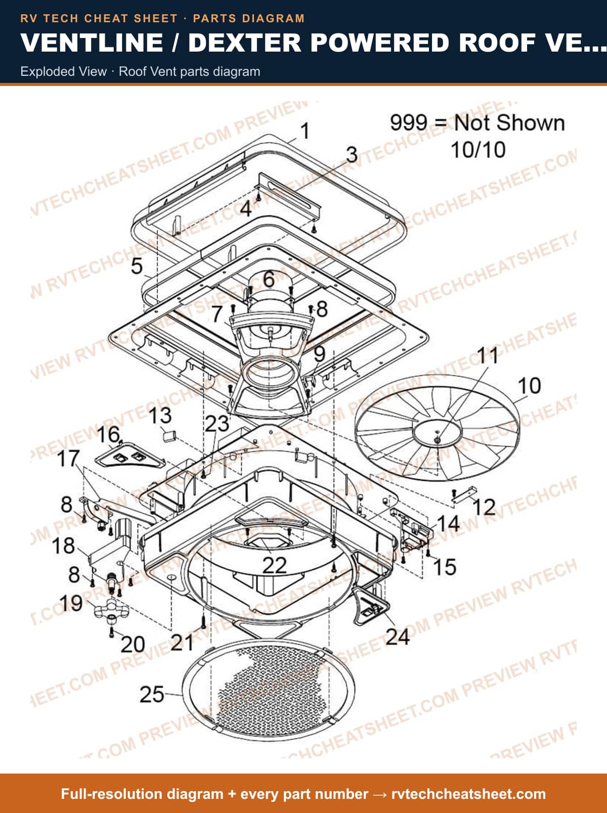 Ventline / Dexter Powered Roof Vents / Outlet Fans & Vents V2405 Northern Breeze exploded view — parts list sheet 2 of 3