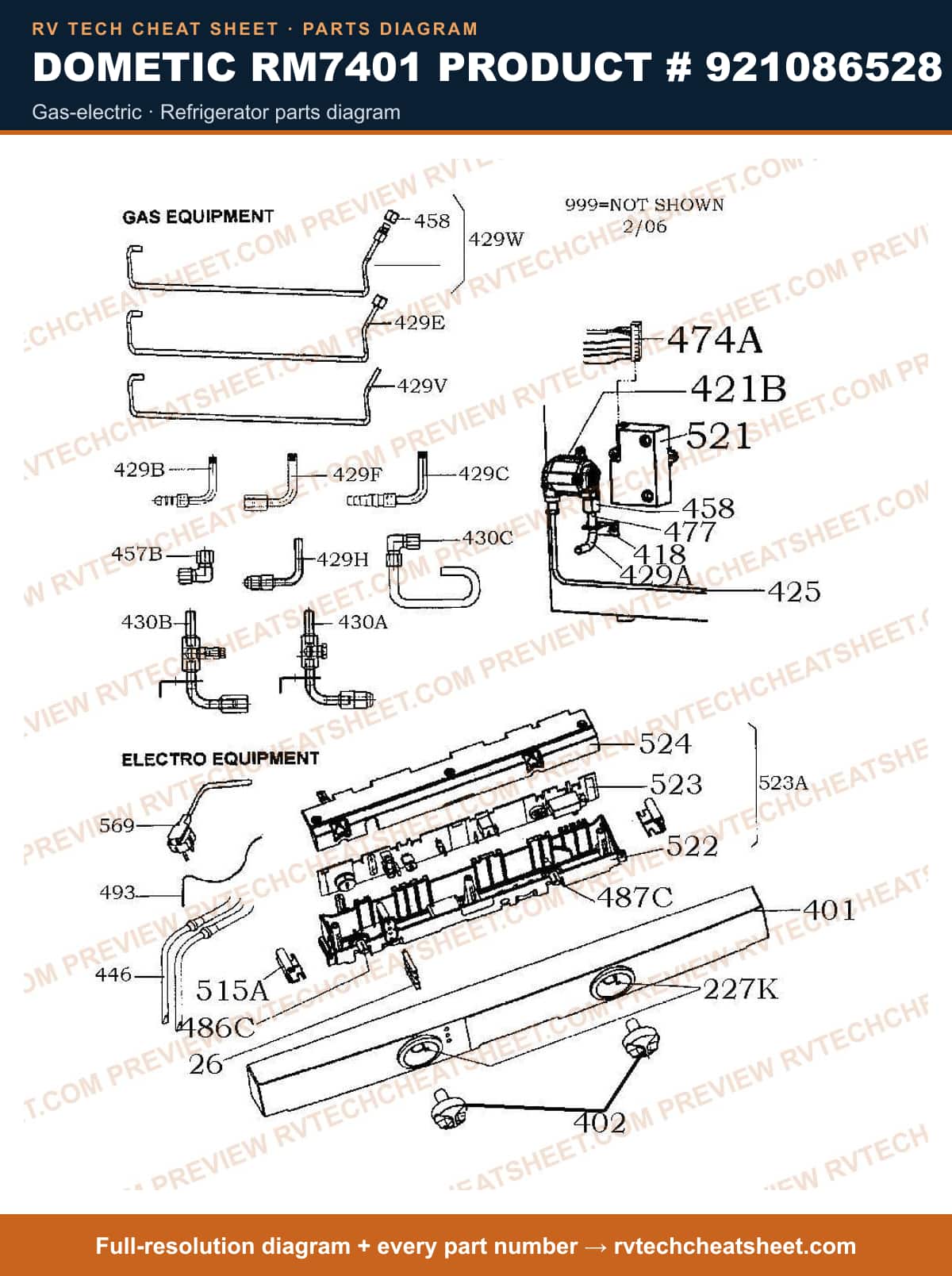 Dometic RM7401 Product # 921086528 gas-electric — parts list sheet