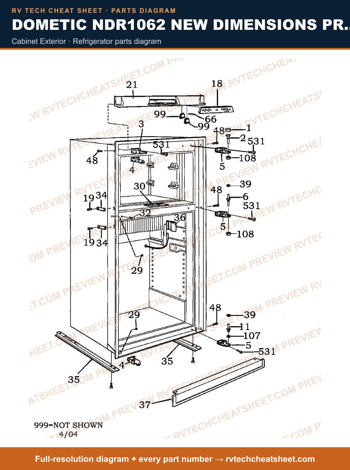 Dometic NDR1062 New Dimensions Product # 921146113 (black) cabinet exterior — parts list sheet