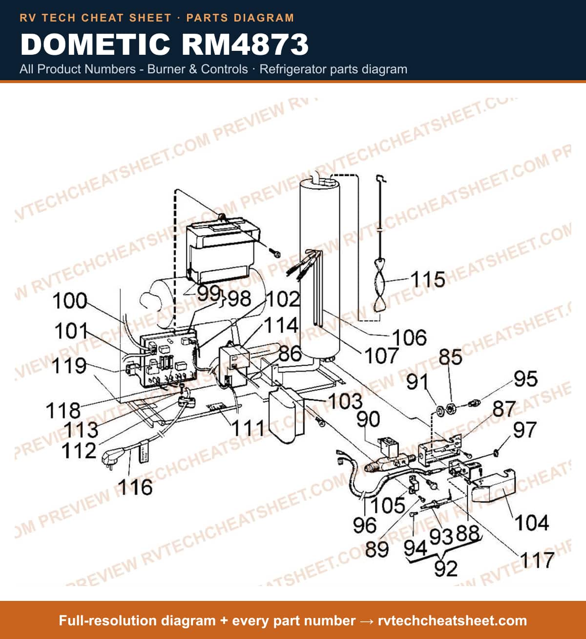 Dometic RM4873 all product numbers - burner & controls — parts list sheet