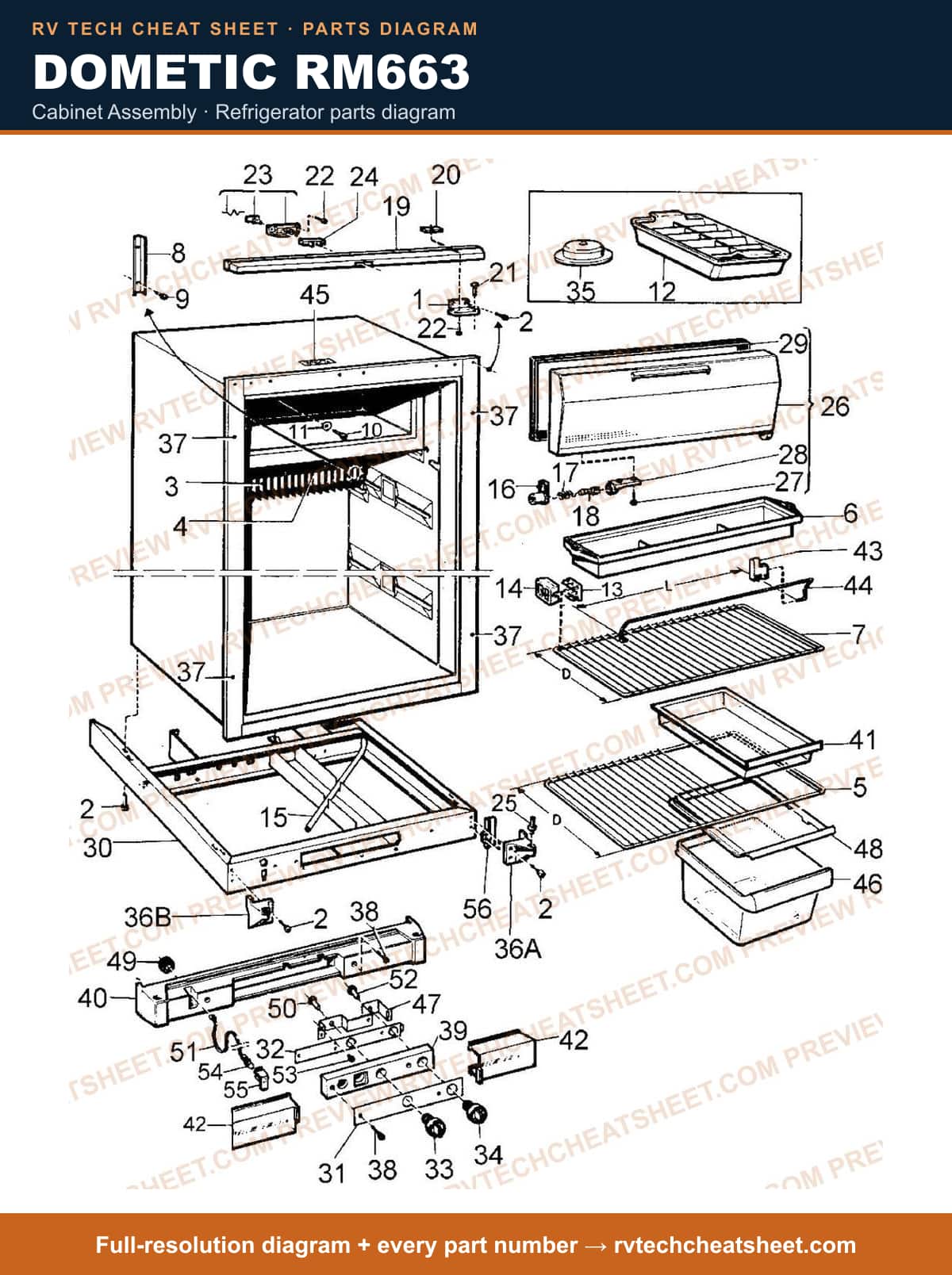 Dometic RM663 cabinet assembly — parts list sheet
