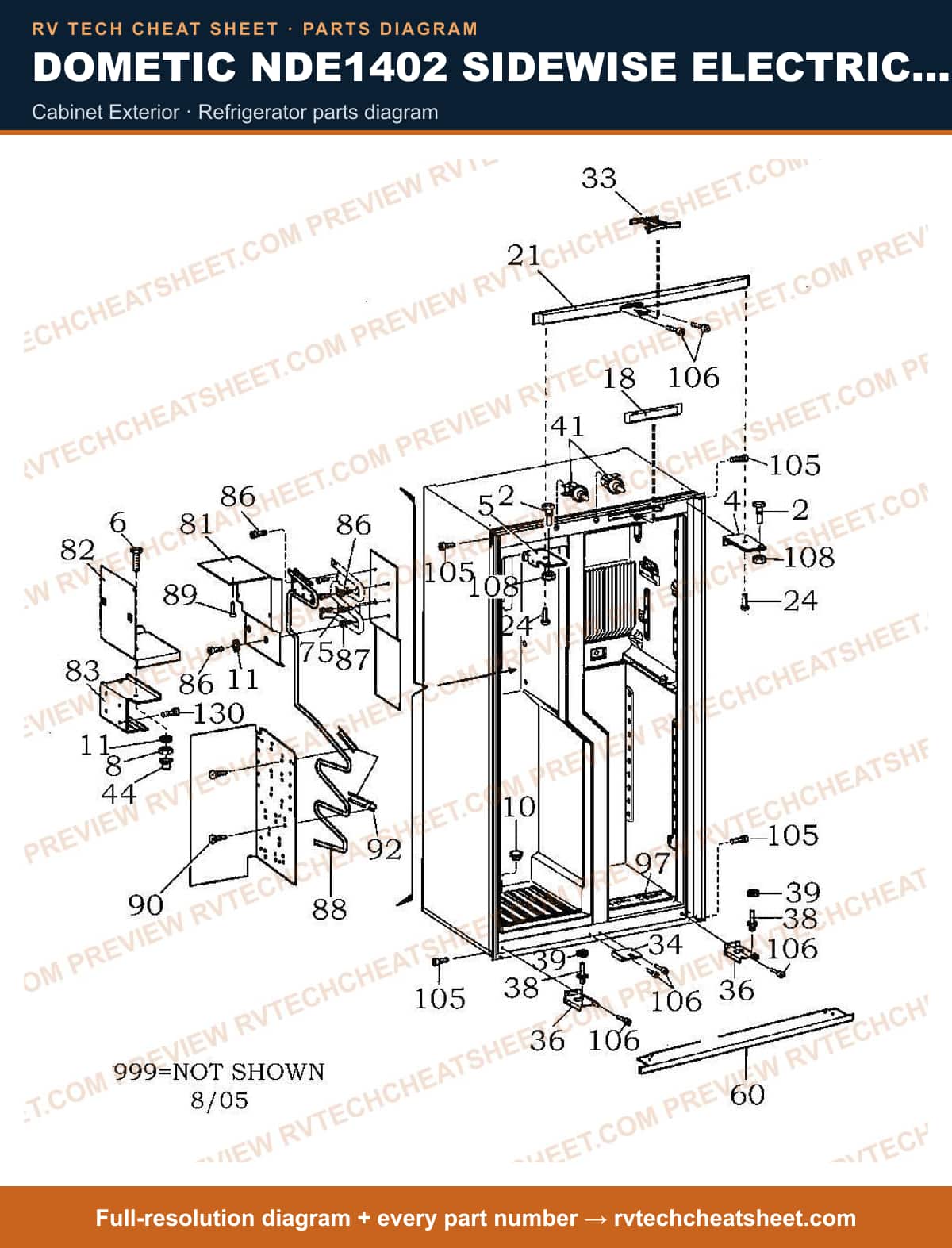 Dometic NDE1402 Sidewise Electric Product # 921148206 Black cabinet exterior — parts list sheet