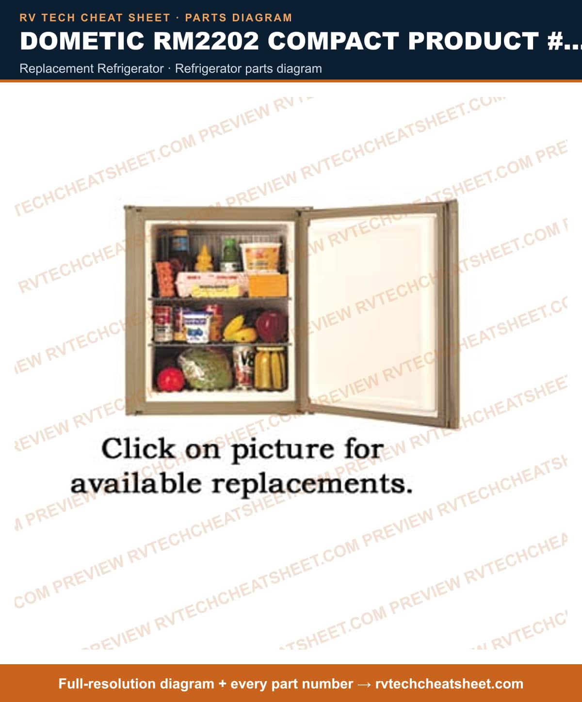 Dometic RM2202 Compact Product # 921130101 replacement refrigerator — parts list sheet