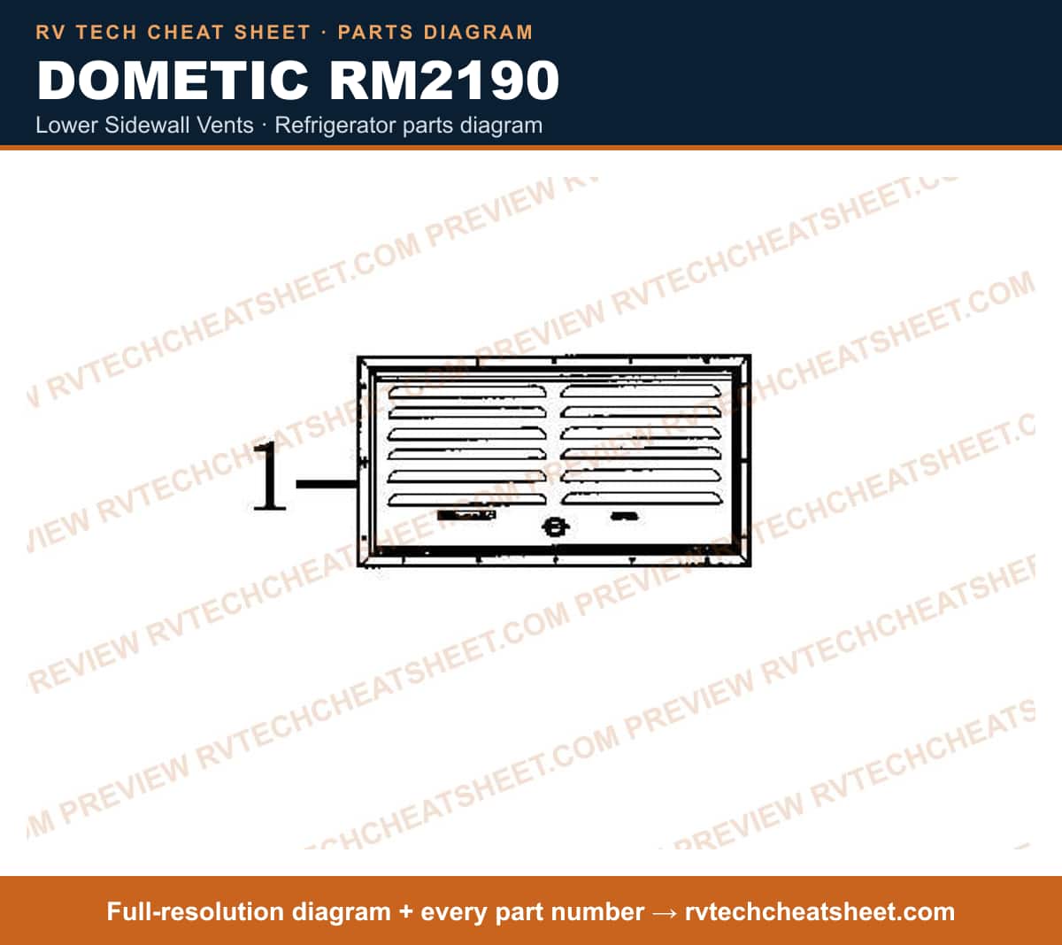 Dometic RM2190 lower sidewall vents — parts list sheet