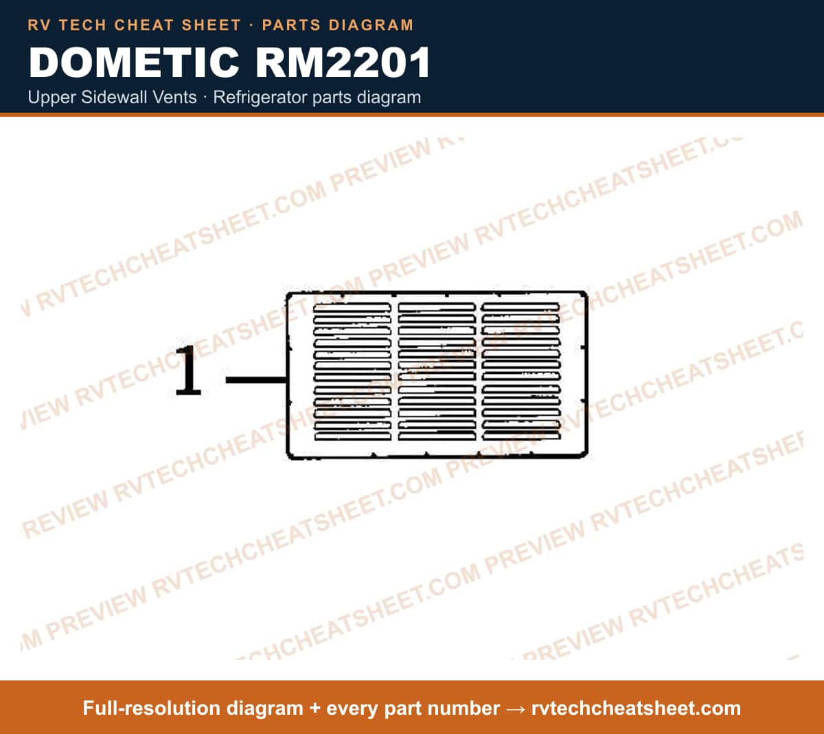 Dometic RM2201 upper sidewall vents — parts list sheet