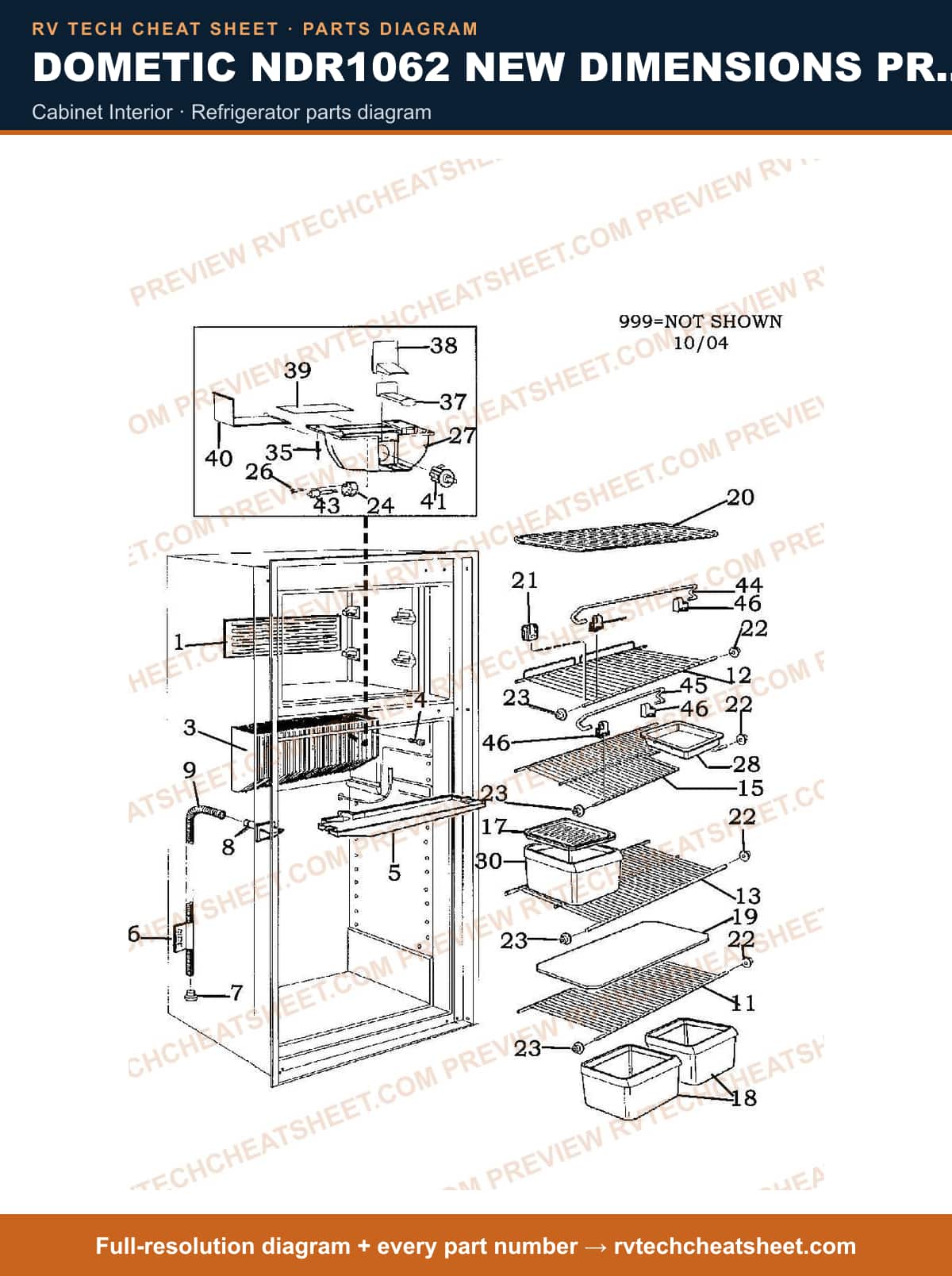 Dometic NDR1062 New Dimensions Product # 921146122 (black) cabinet interior — parts list sheet