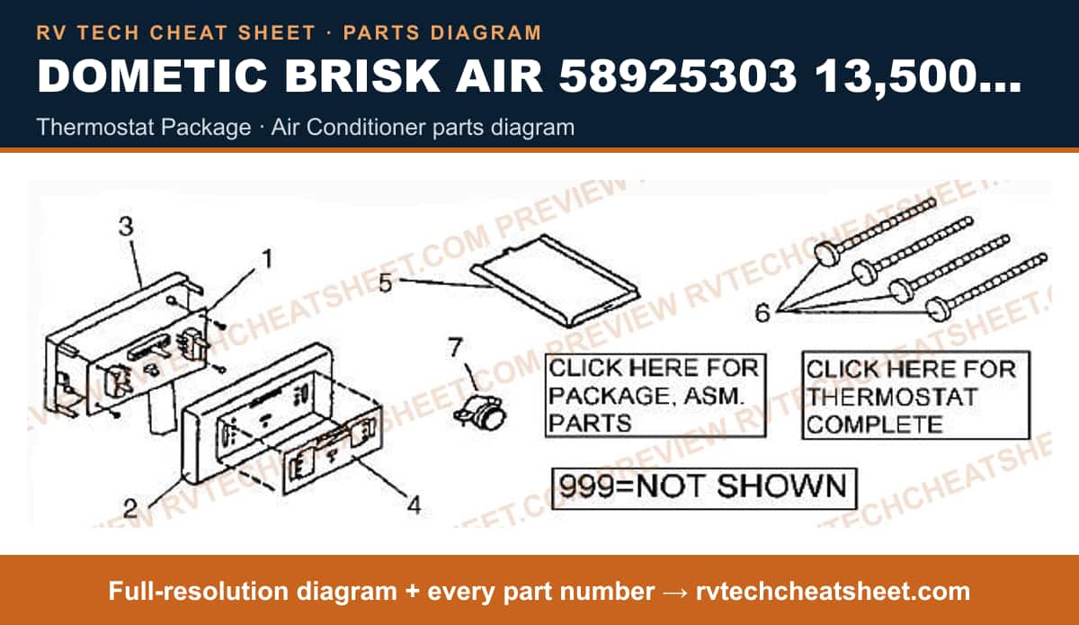 Dometic Brisk Air 58925303 13,500 BTU thermostat package — parts list sheet