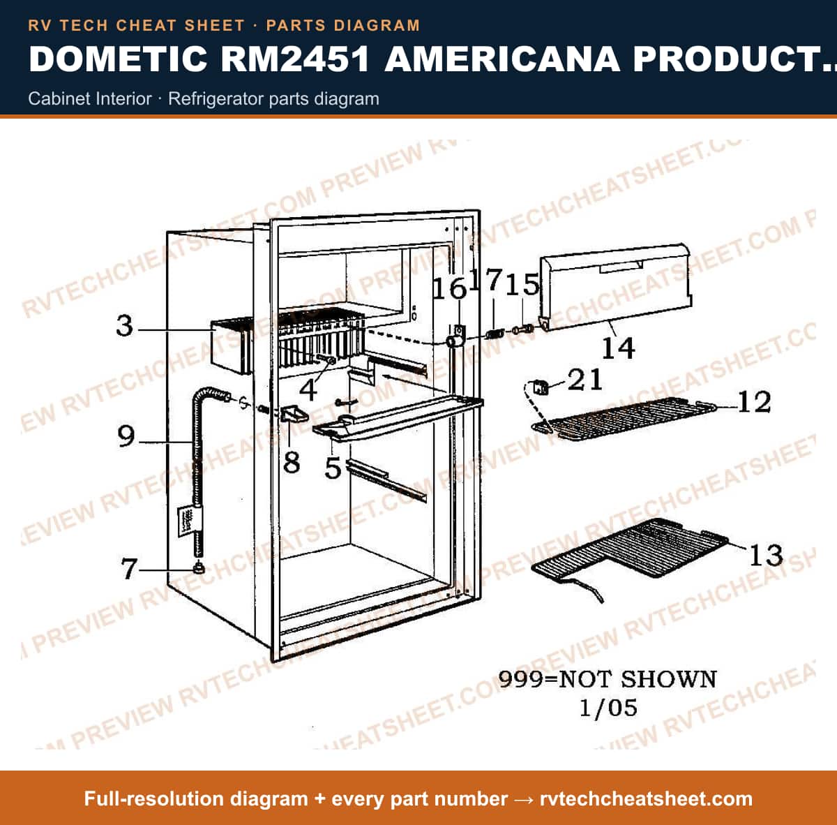 Dometic RM2451 Americana Product # 921140125 Black cabinet interior — parts list sheet