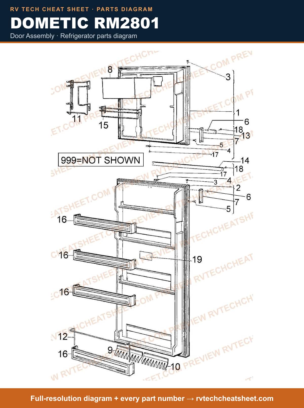 Dometic RM2801 door assembly — exploded parts diagram