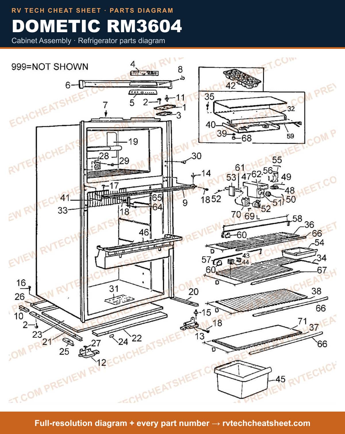 Dometic RM3604 cabinet assembly — parts list sheet