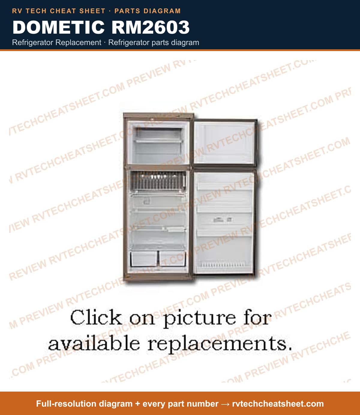 Dometic RM2603 refrigerator replacement — parts list sheet
