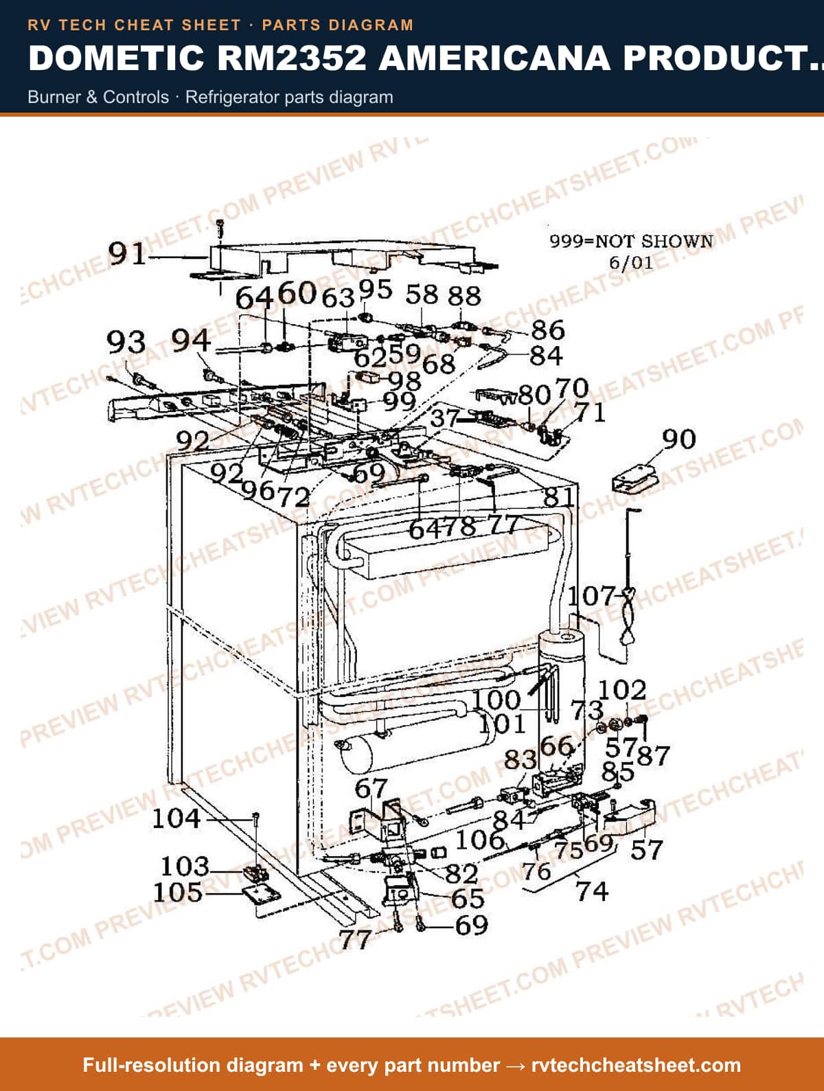 Dometic RM2352 Americana Product # 921145004 Beige burner & controls — parts list sheet