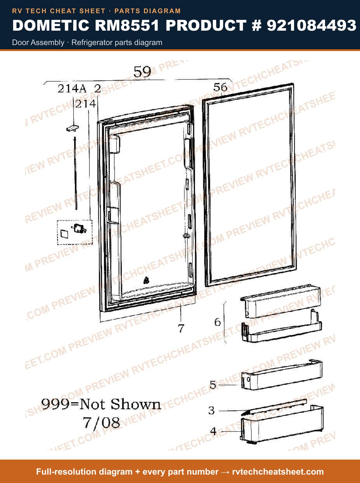 Dometic RM8551 Product # 921084493 door assembly — parts list sheet