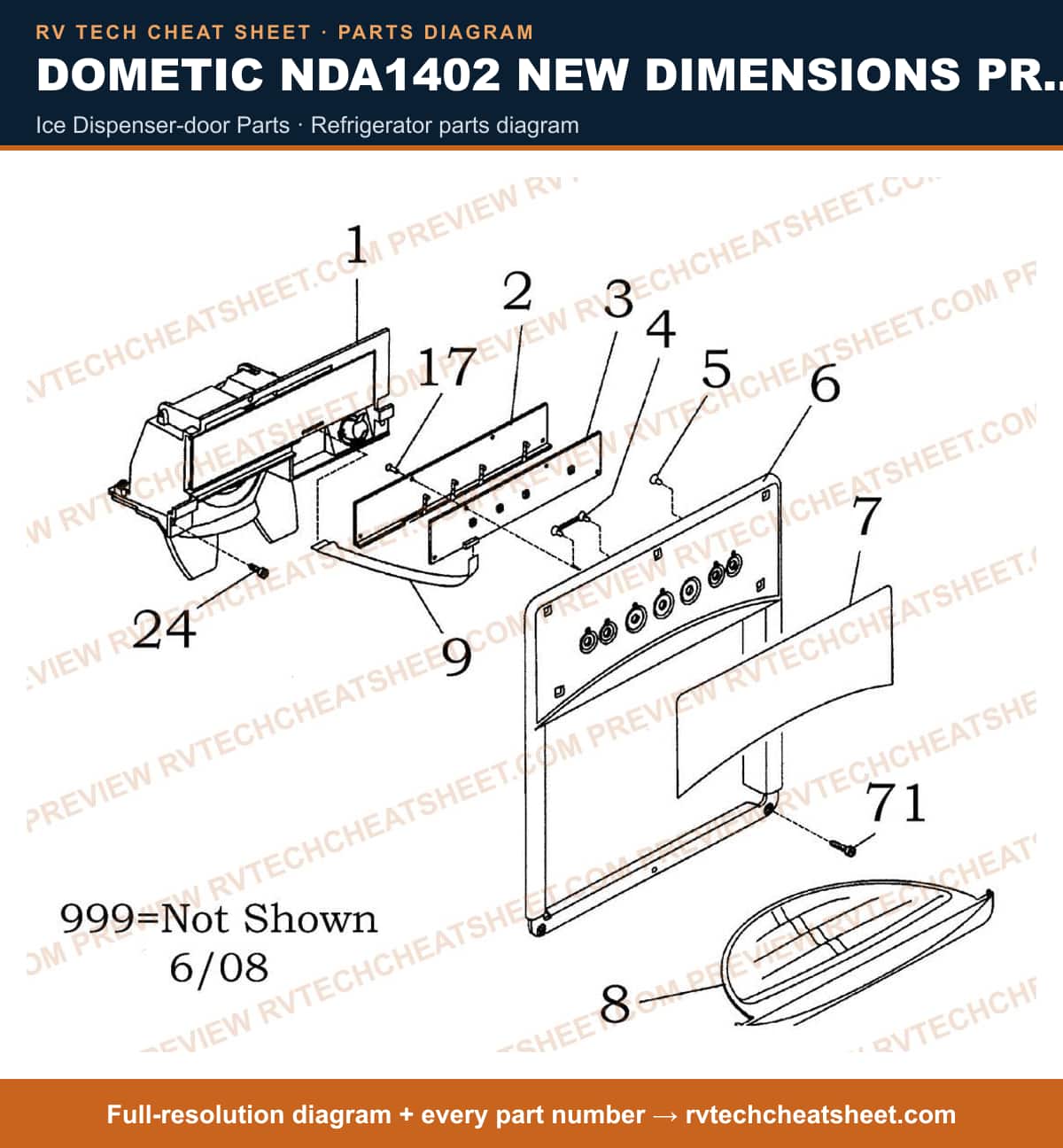 Dometic NDA1402 New Dimensions Product # 921148409 Black ice dispenser-door parts — parts list sheet