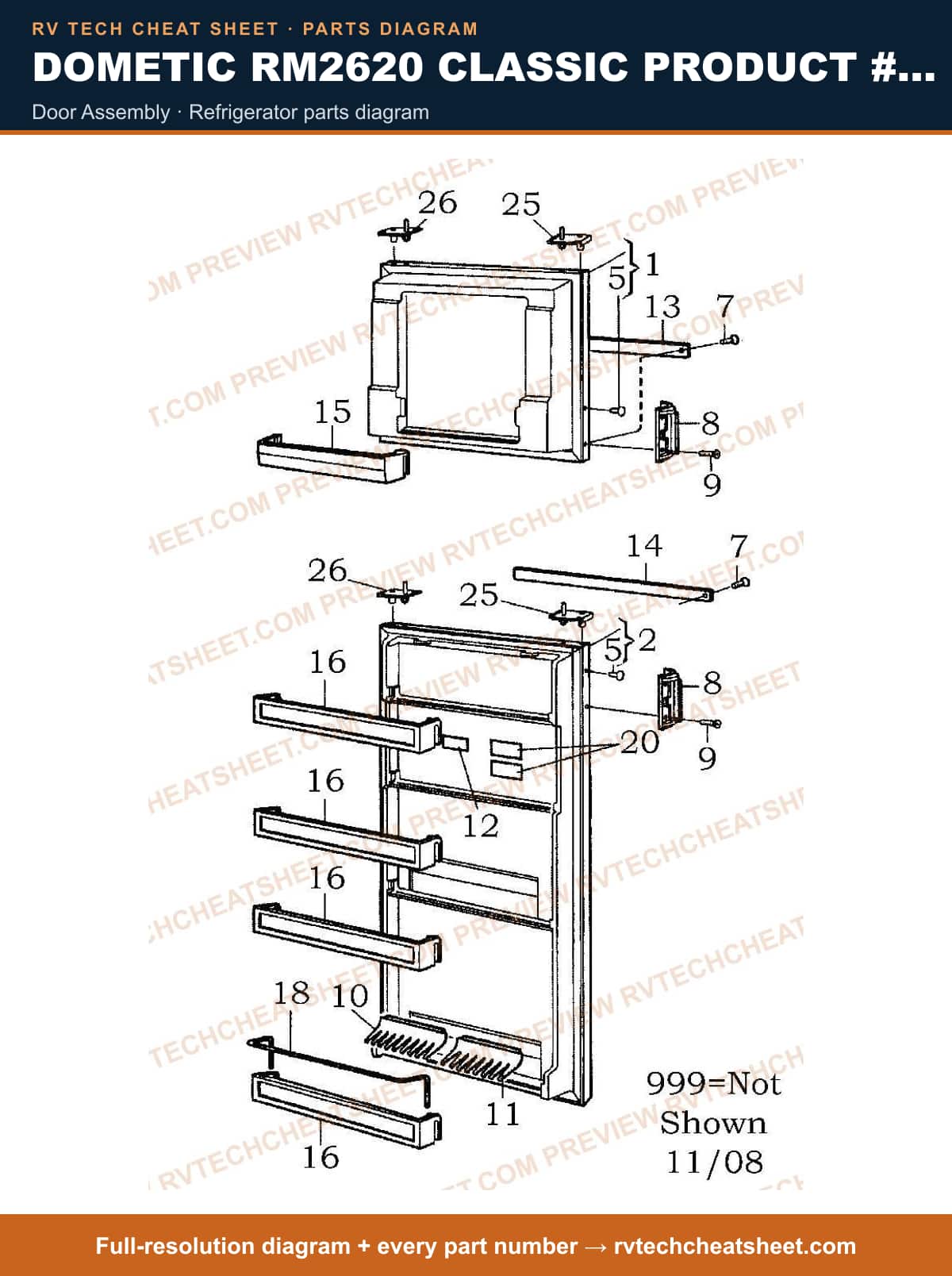 Dometic RM2620 Classic Product # 921575013 Taupe door assembly — parts list sheet