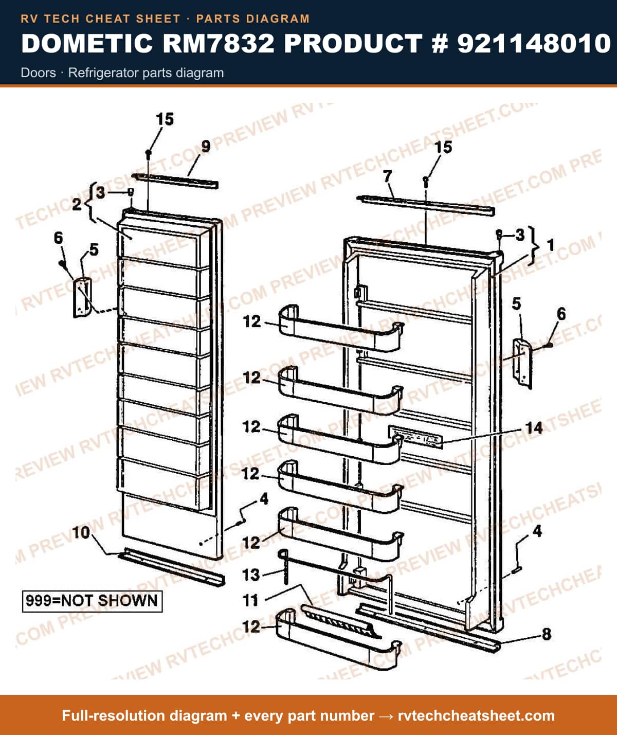 Dometic RM7832 Product # 921148010 doors — parts list sheet