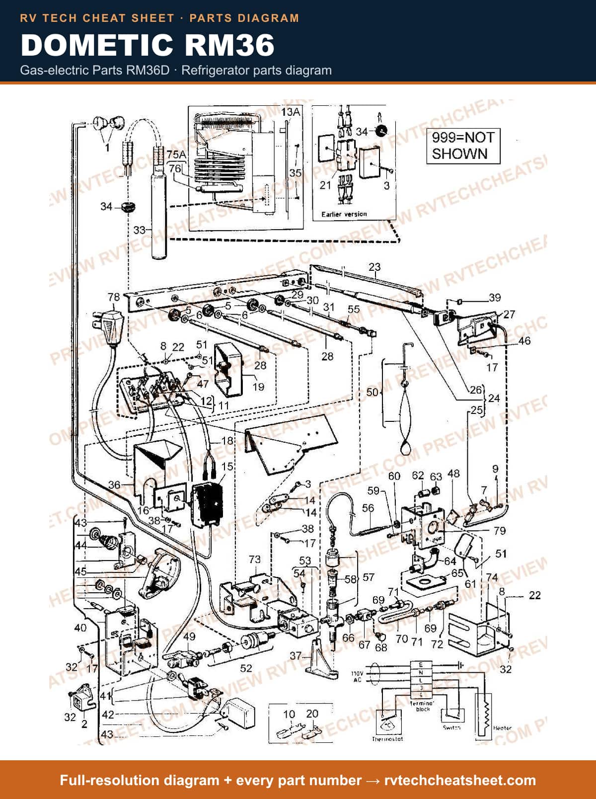 Dometic RM36 gas-electric parts rm36d — parts list sheet