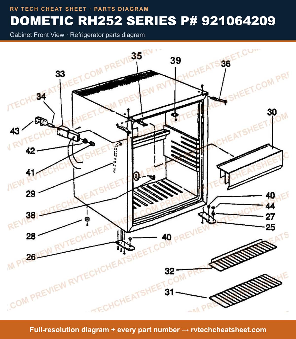 Dometic RH252 Series P# 921064209 cabinet front view — parts list sheet