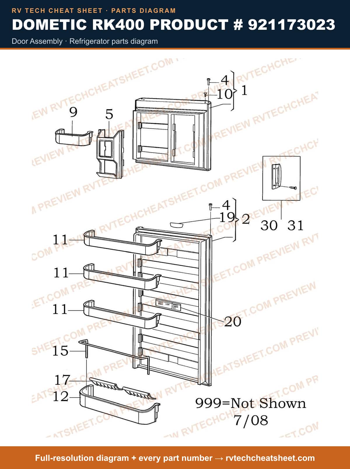 Dometic RK400 Product # 921173023 door assembly — parts list sheet