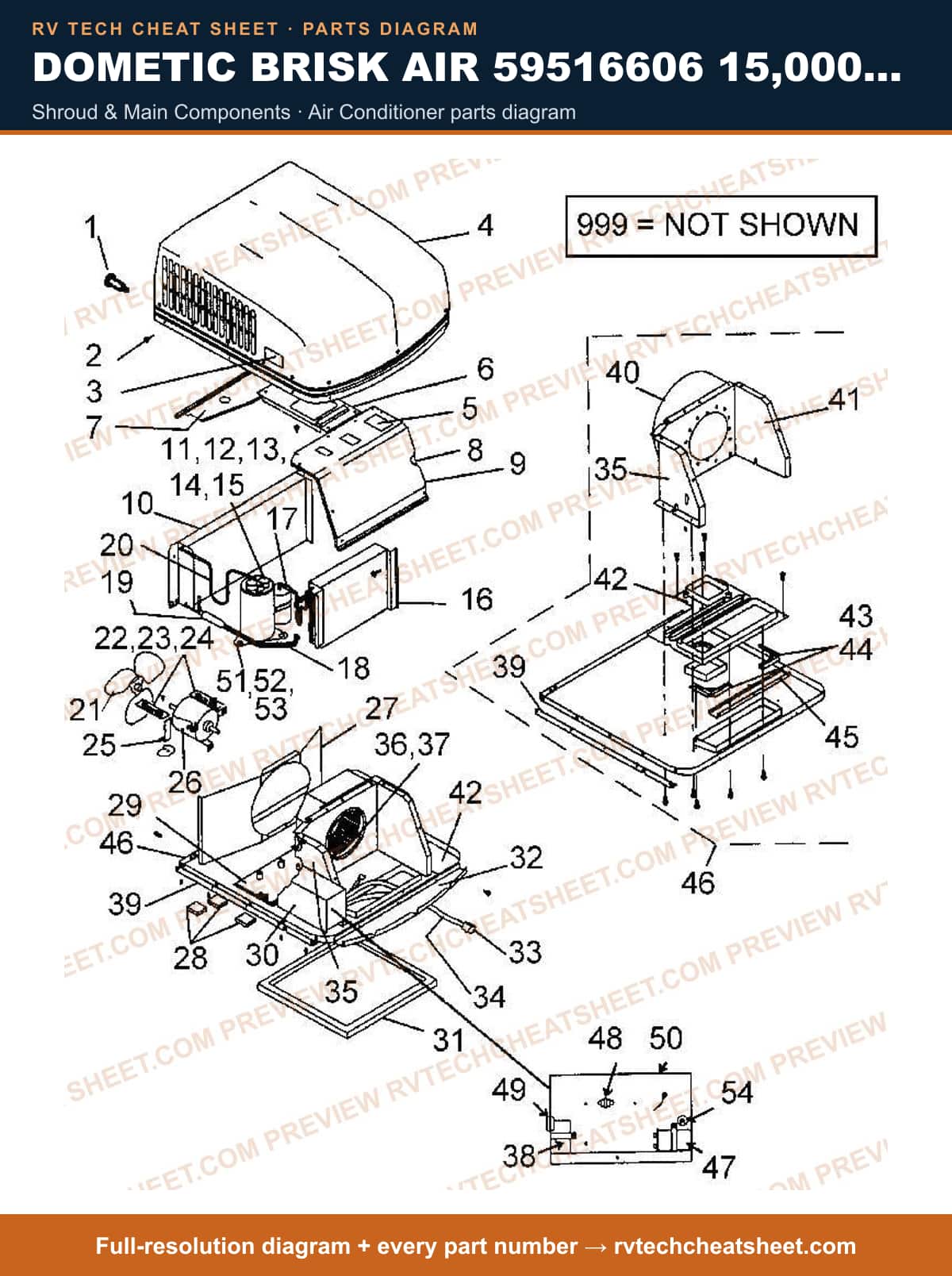 Dometic Brisk Air 59516606 15,000 BTU shroud & main components — parts list sheet
