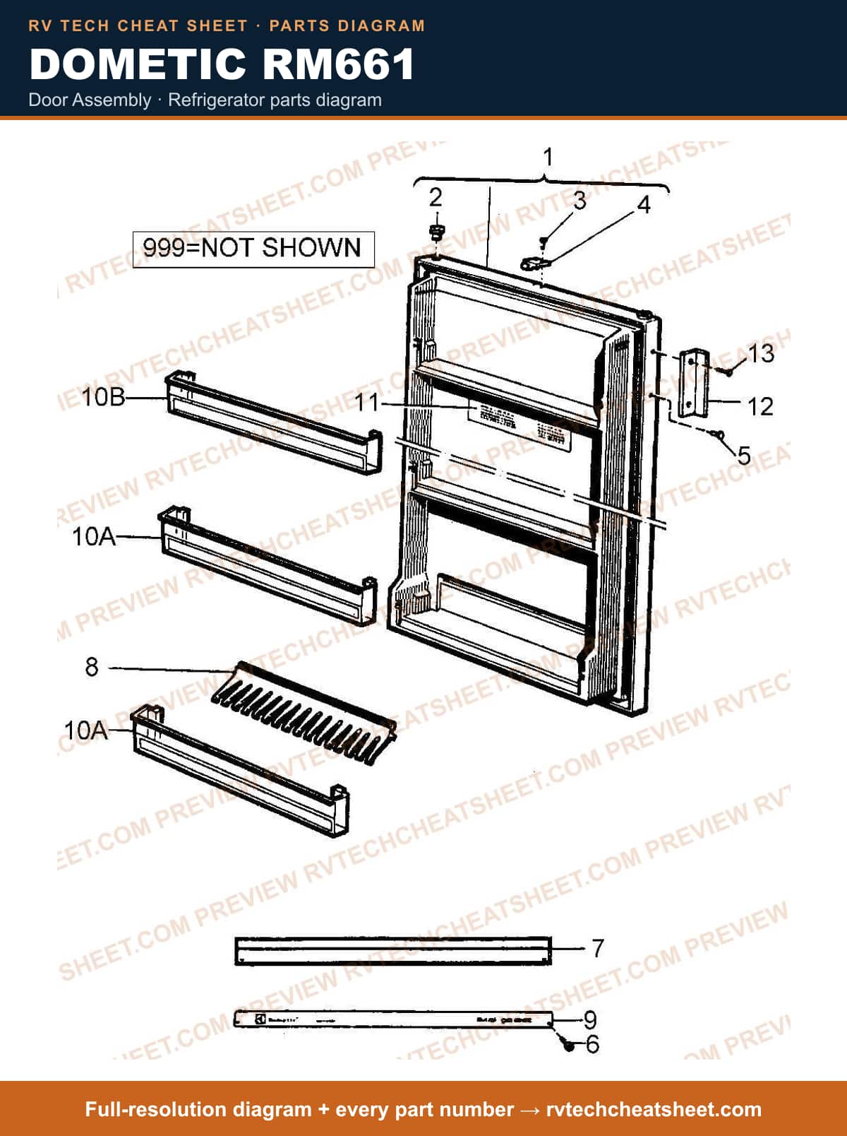 Dometic RM661 door assembly — parts list sheet