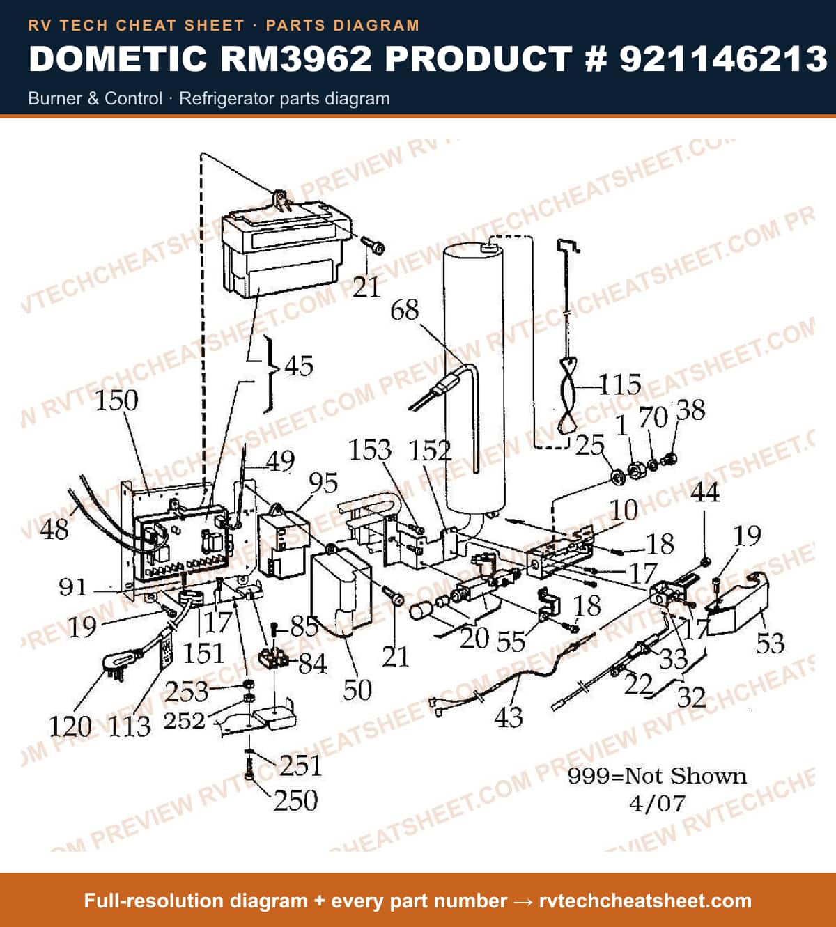Dometic RM3962 Product # 921146213 burner & control — parts list sheet 2 of 2