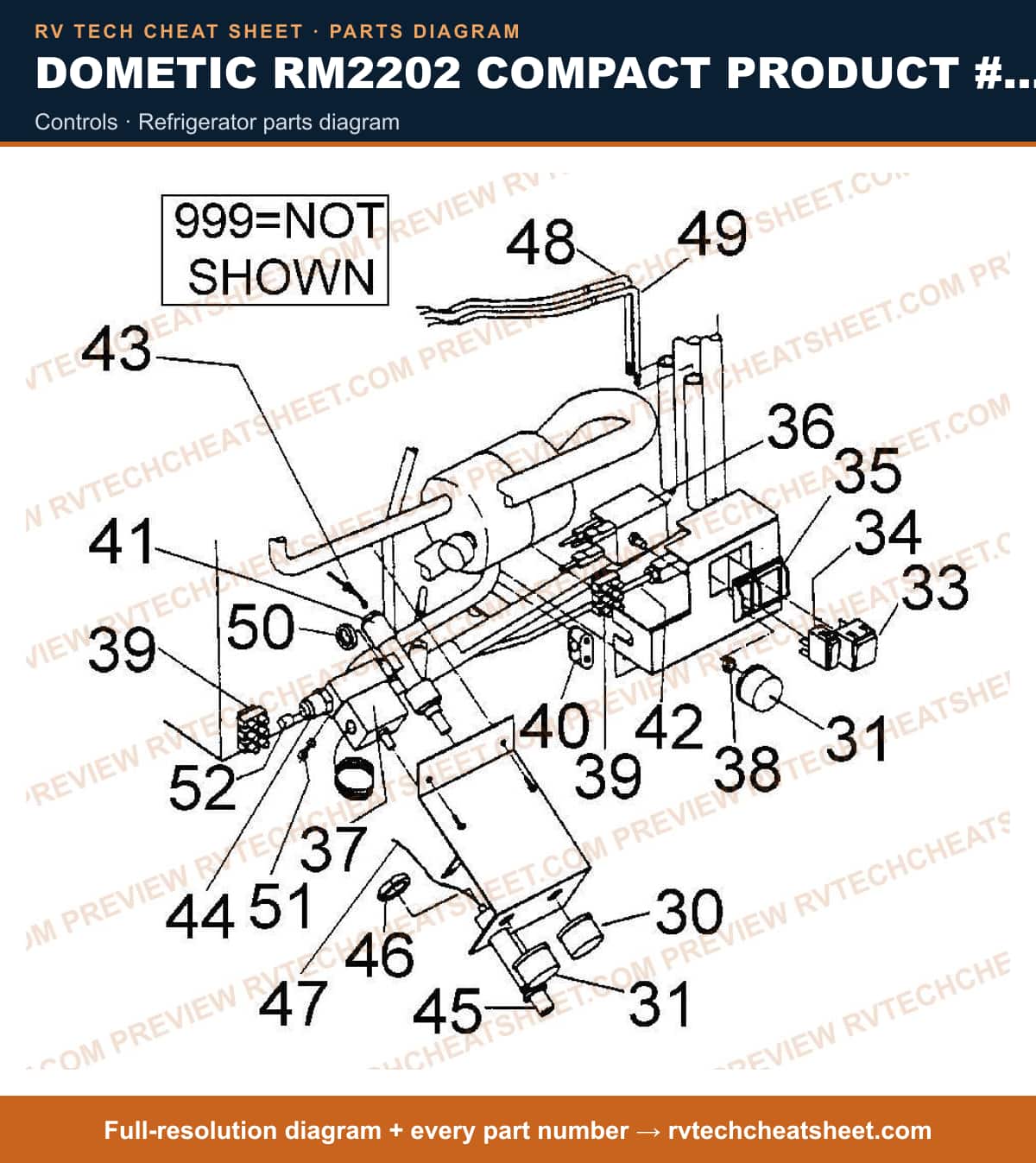 Dometic RM2202 Compact Product # 921130102 controls — parts list sheet