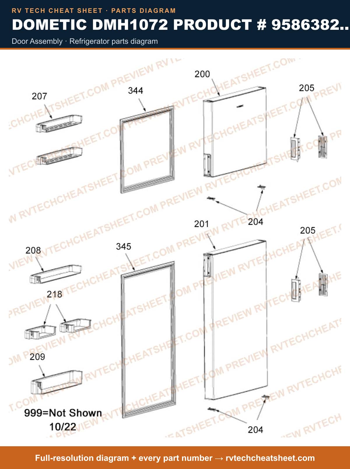 Dometic DMH1072 Product # 958638247 door assembly — parts list sheet