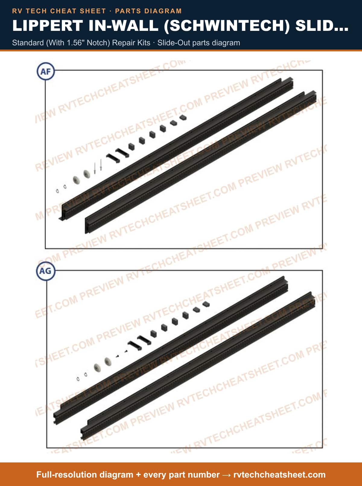 Lippert In-Wall (Schwintech) Slide-Out standard (with 1.56" notch) repair kits — exploded parts diagram