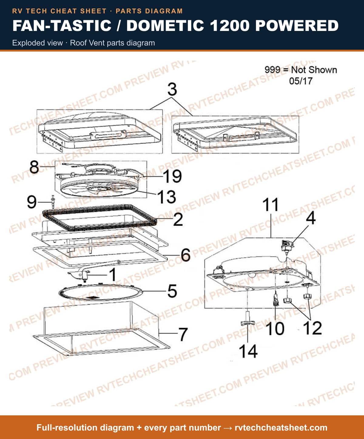 Fan-Tastic / Dometic 1200 Powered exploded view — exploded parts diagram 1 of 2