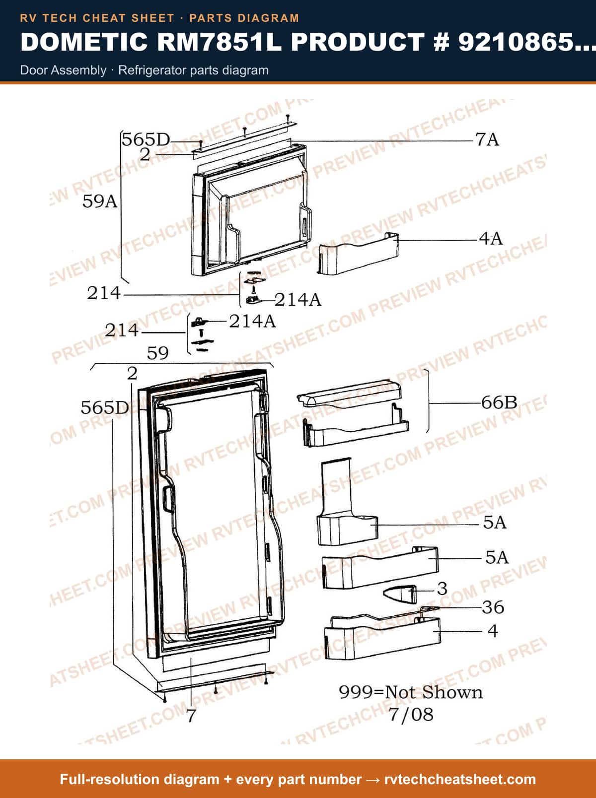 Dometic RM7851L Product # 921086558 Grey door assembly — parts list sheet