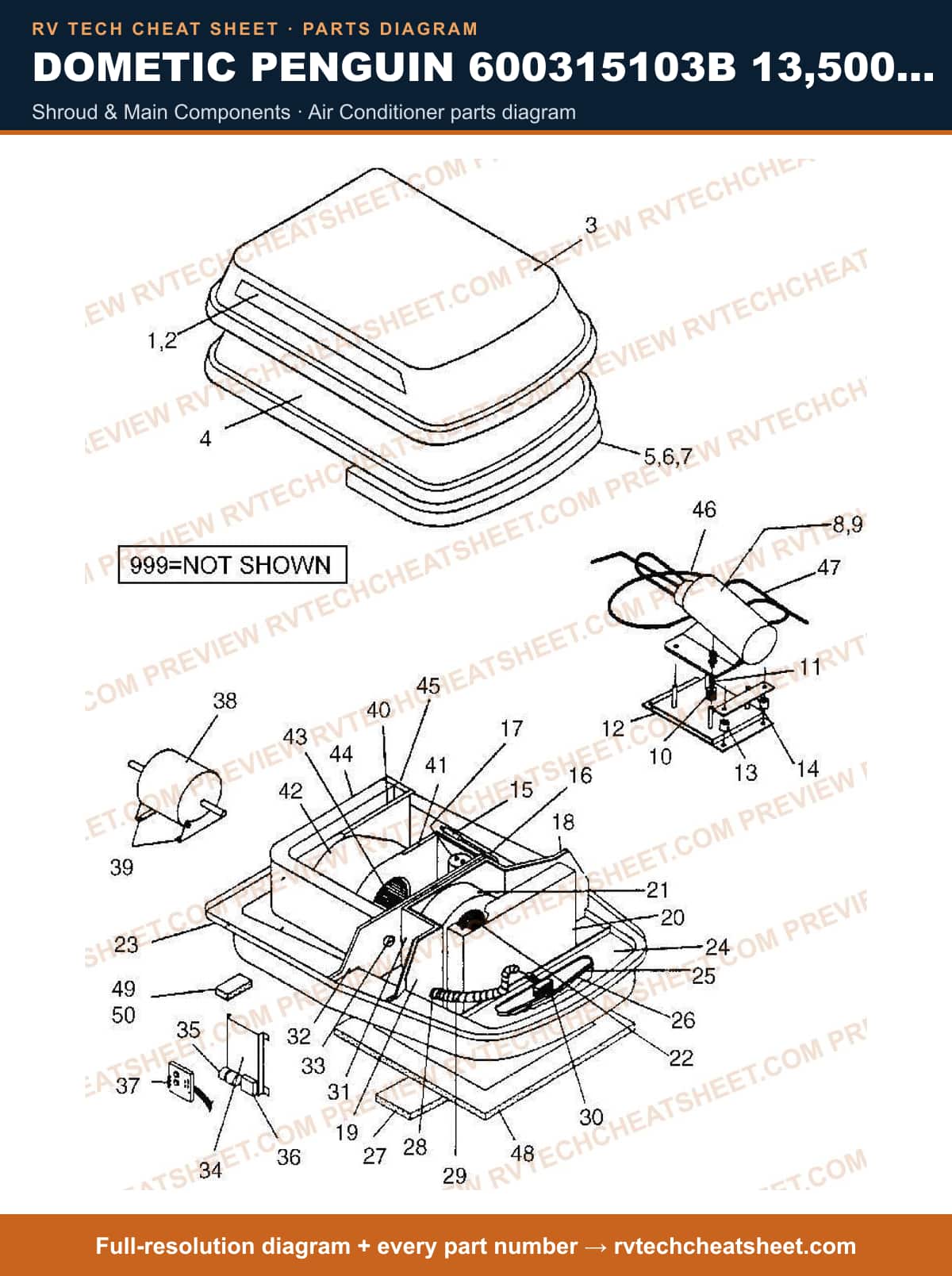 Dometic Penguin 600315103B 13,500 BTU shroud & main components — parts list sheet