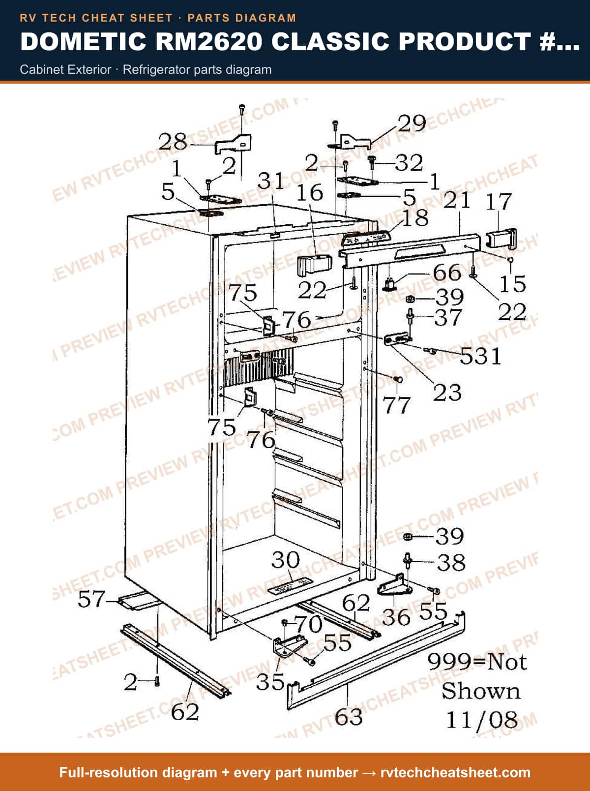 Dometic RM2620 Classic Product # 921575013 Taupe cabinet exterior — parts list sheet