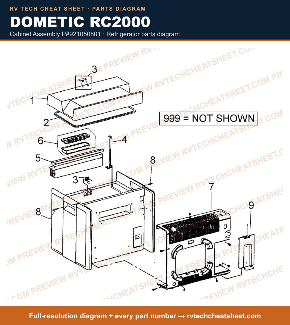 Dometic RC2000 cabinet assembly p#921050801 — exploded parts diagram