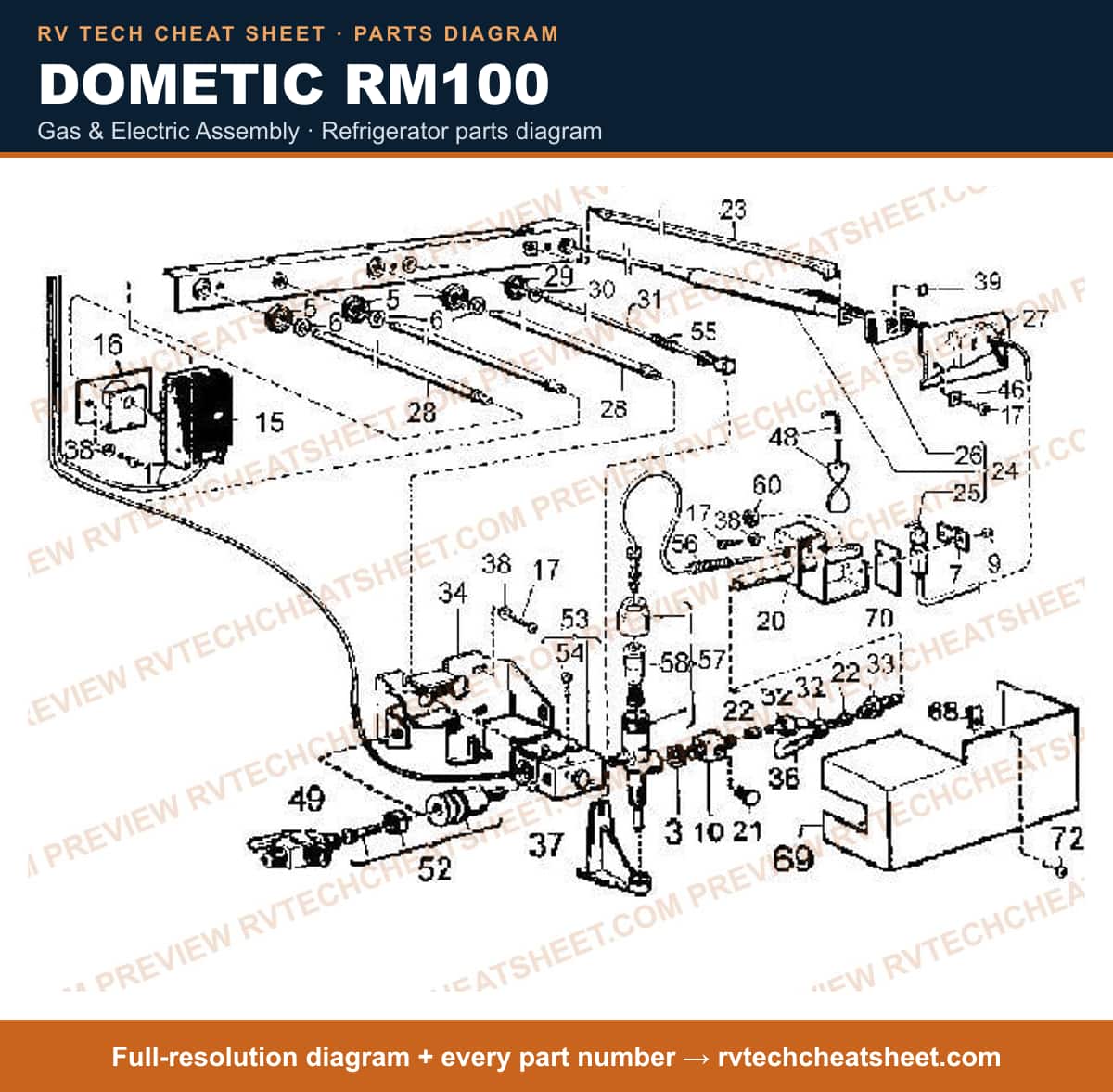 Dometic RM100 gas & electric assembly — parts list sheet