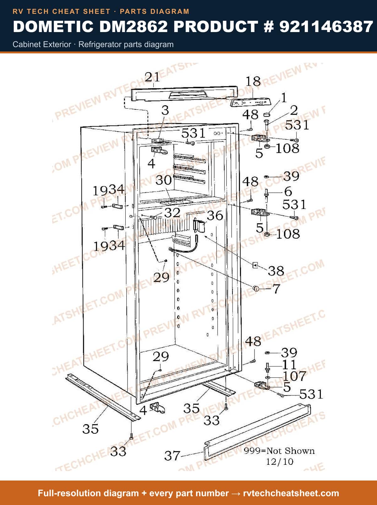 Dometic DM2862 Product # 921146387 cabinet exterior — parts list sheet